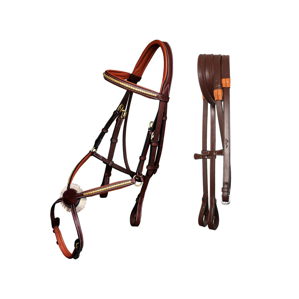 Exion Premium English Leather Figure 8 Bridle with Silver Clincher Noseband & Browband | Soft Padded Anatomical Crown Piece | Rubber Reins & Brass Buckles | Adjustable Fit | Jumping, Hunter, Eventing