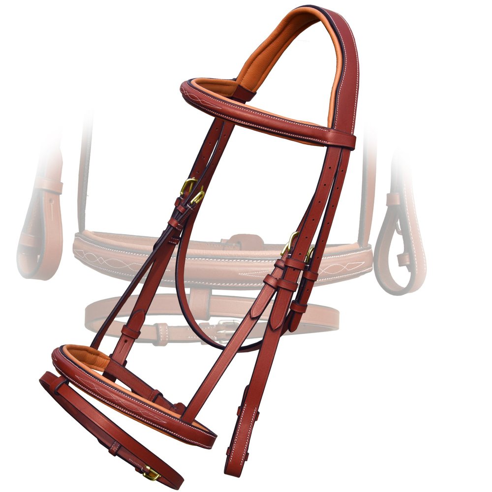 ExionPro Exion English Jumping Bridle with Flash & Rubber Reins  Anatomical Padded Horse Bridle  Premium Leather Designer Stitched Hunter Jumper Tack  Brass Buckles  Pony, Cob, Full, Warmblood