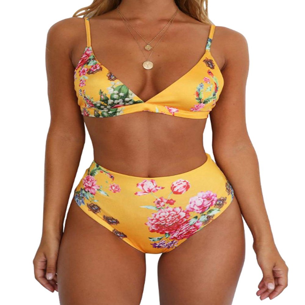 Letuwj Women's Triangle High Waisted Swimsuit Yellow Print M