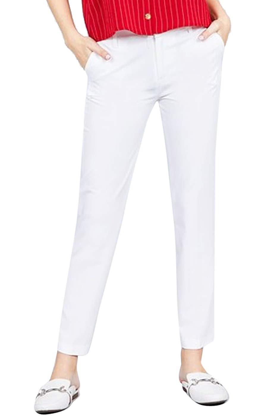 2LUV Women's Solid Casual Straight Leg Long Woven Pants Off White S