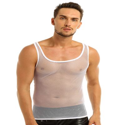 ACSUSS Men's Fishnet See-Through Tank Top Vest Sheer Mesh Sleeveless Undershirts White Medium