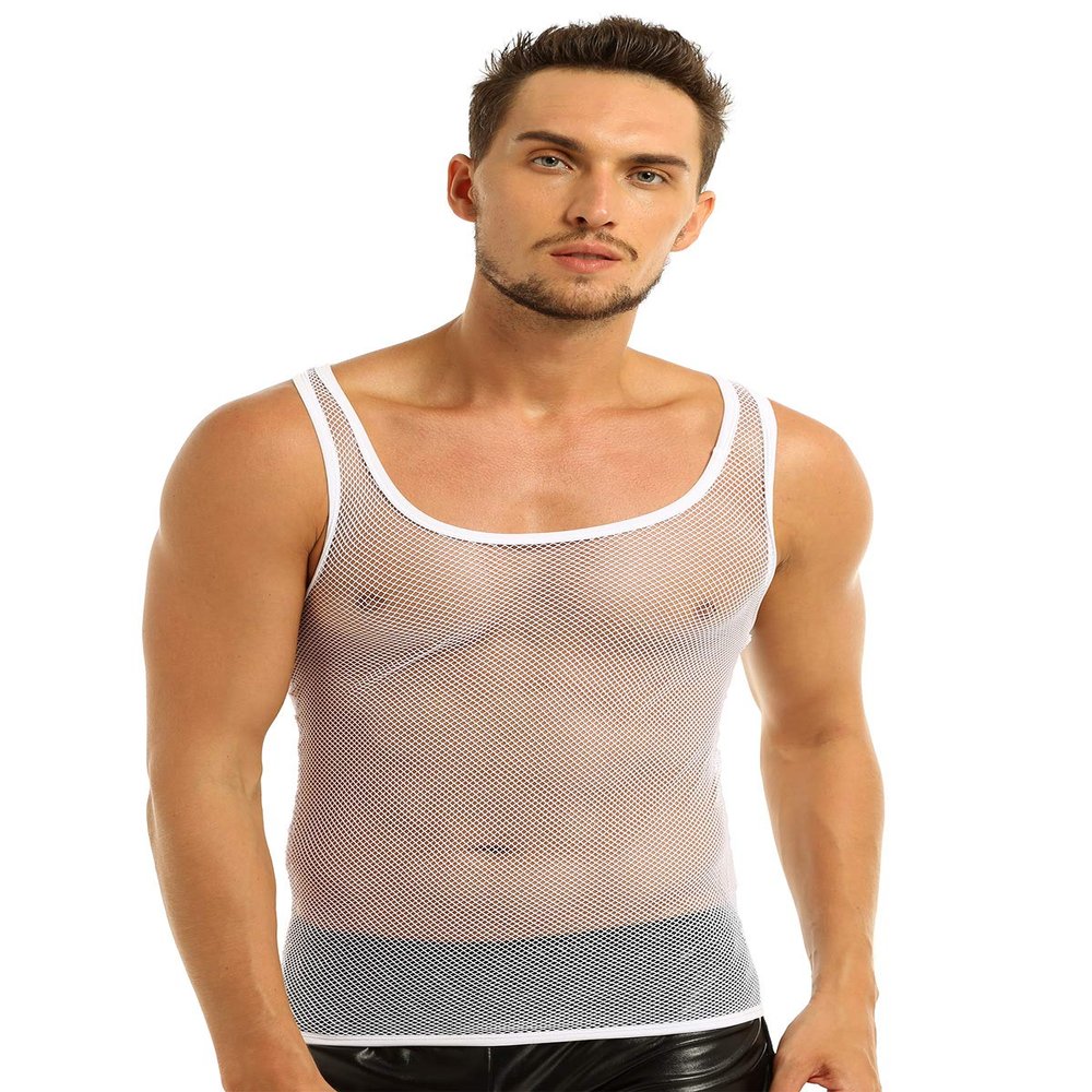 ACSUSS Men's Fishnet See-Through Tank Top Vest Sheer Mesh Sleeveless Undershirts White Medium
