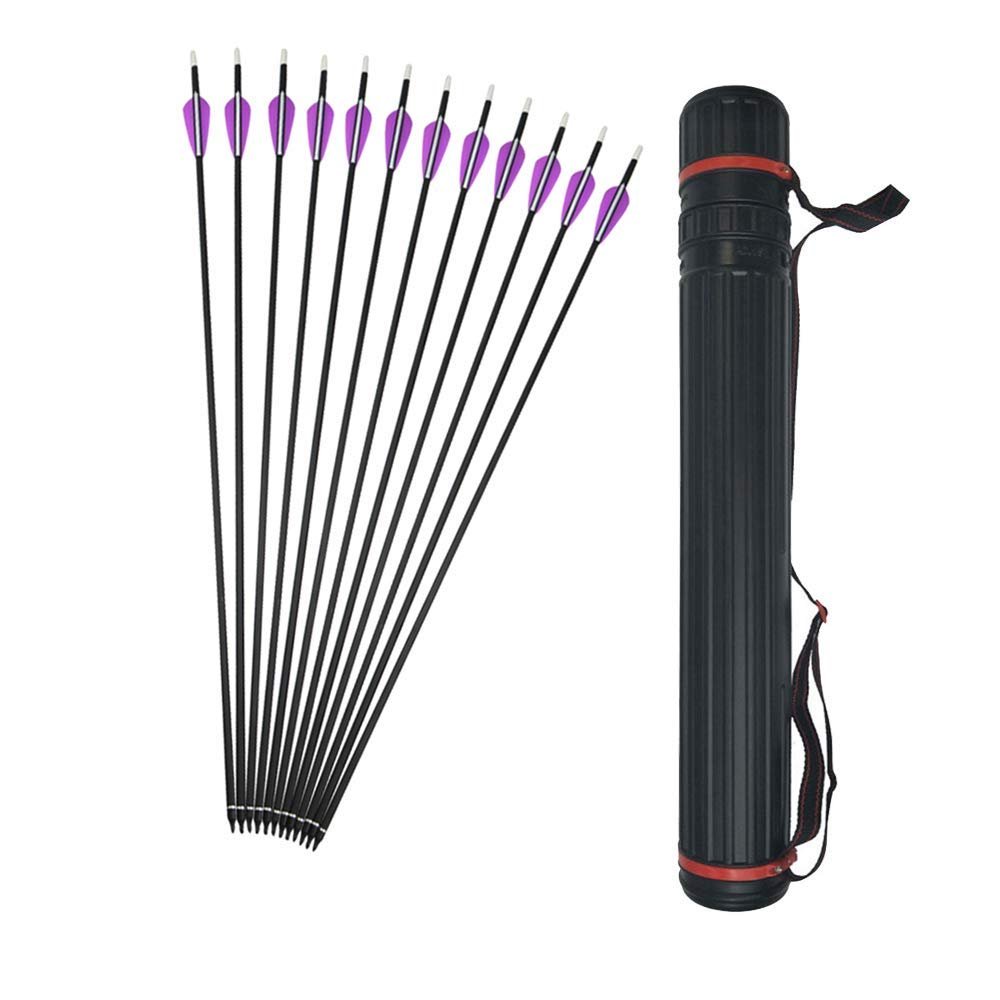 12 Pcs 30 Inch Archery Carbon Arrows 500 Spine Hunting Practice Target Carbon Arrows Shaft with 100 Grain Replaceable Tips for Archery Compound & Recurve & Traditional Bow (Purple Arrow and Quiver)