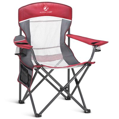 ALPHA CAMP Oversized Mesh Back Camping Folding Chair Heavy Duty Support 350 LBS Collapsible Steel Frame Quad Chair Padded Arm Chair with Cup Holder Portable for Outdoor (Red/Grey)