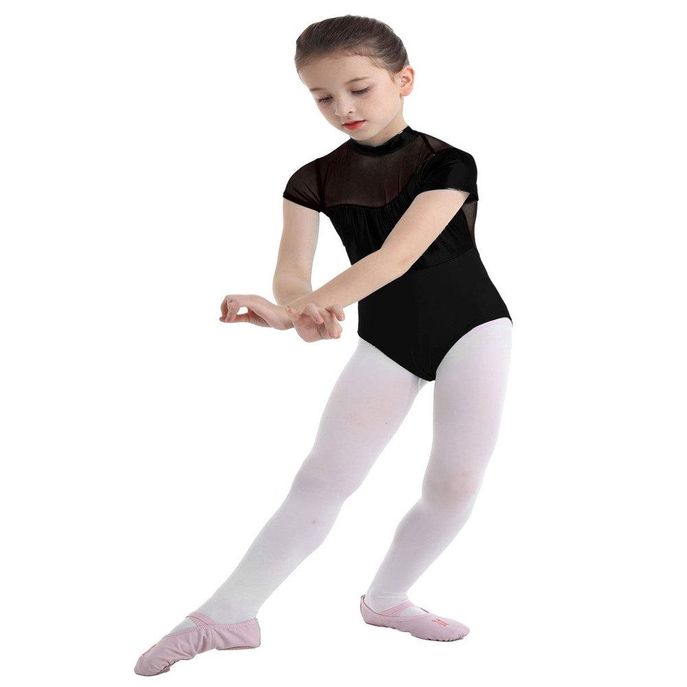 Agoky Girls' Team Basic Leotard Shiny Mesh Splice Cutout Back Gymnastic Ballet Dance Leotard Tops Dancewear Costumes Black 10