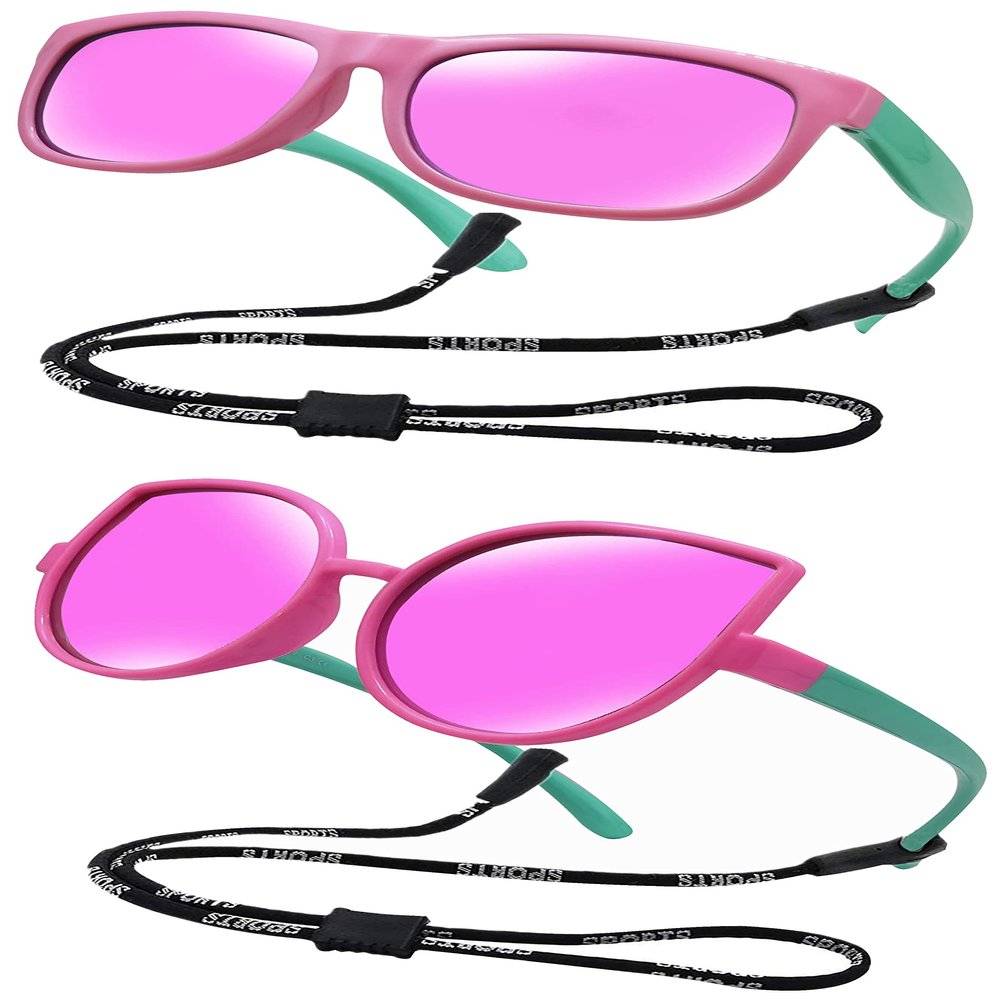COOLSOME Kids Flexible Polarized Sunglasses for Boys Girls Age 3-10 with Straps (Pink/Green Pack of 2 pcs)