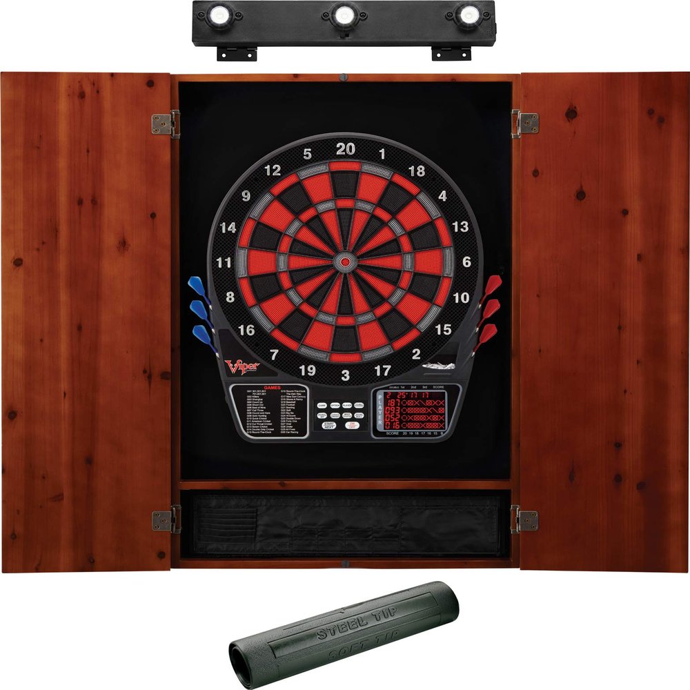Viper 797 Electronic Dartboard, Metropolitan Cinnamon Cabinet, Dart Mat & Shadow Buster Dartboard Light Bundle