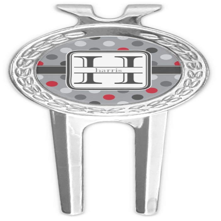 YouCustomizeIt Personalized Red & Gray Polka Dots Golf Divot Tool & Ball Marker
