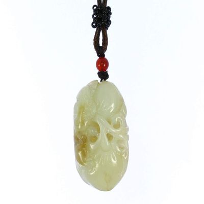 1.5" China Certified Nature Hetian Nephrite Jade Blessing Bat and Persimmon Hollow Carved Necklace Pendant 3397