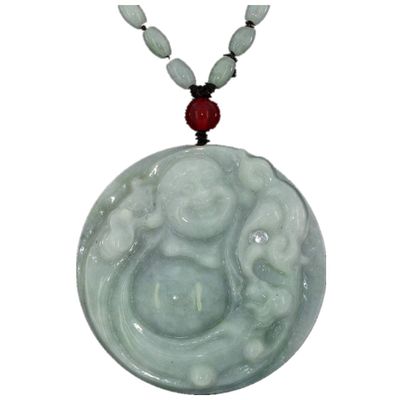 2.3"China Certified Grade A Nature Hisui Jadeite Jade Laughing Buddha Necklace Pendants