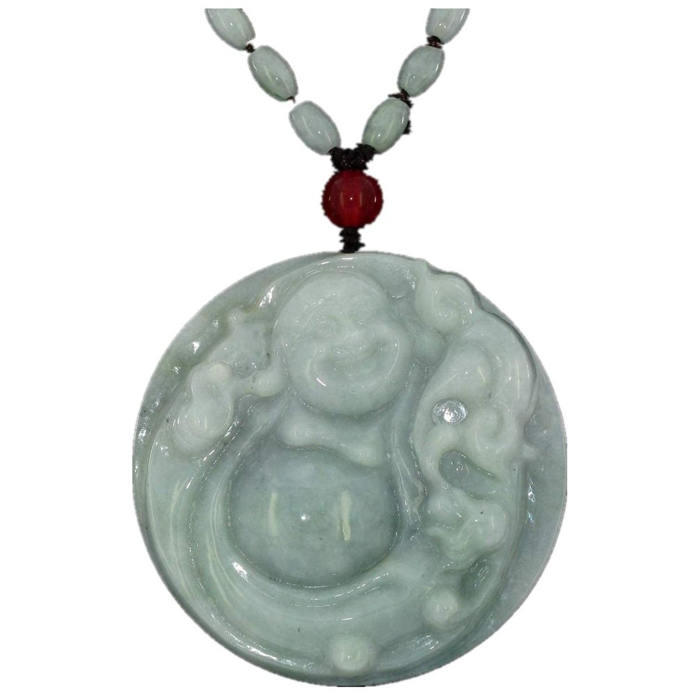 2.3"China Certified Grade A Nature Hisui Jadeite Jade Laughing Buddha Necklace Pendants