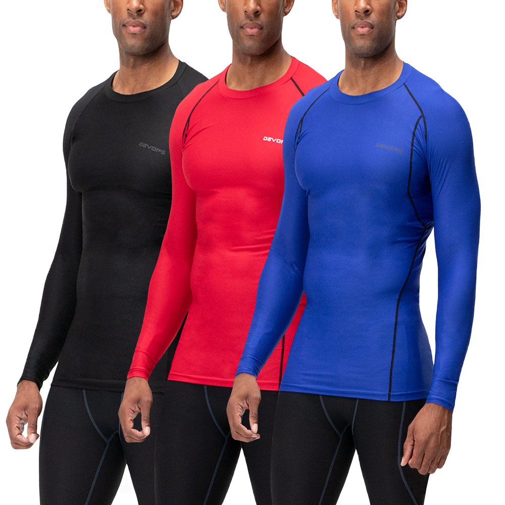 DEVOPS 3 Pack Men's UPF 50+ Long Sleeve Compression Shirts Quick Dry, Cool Gear for Garage Garden Gym Yard and Workouts (Large, Black/Red/Blue)