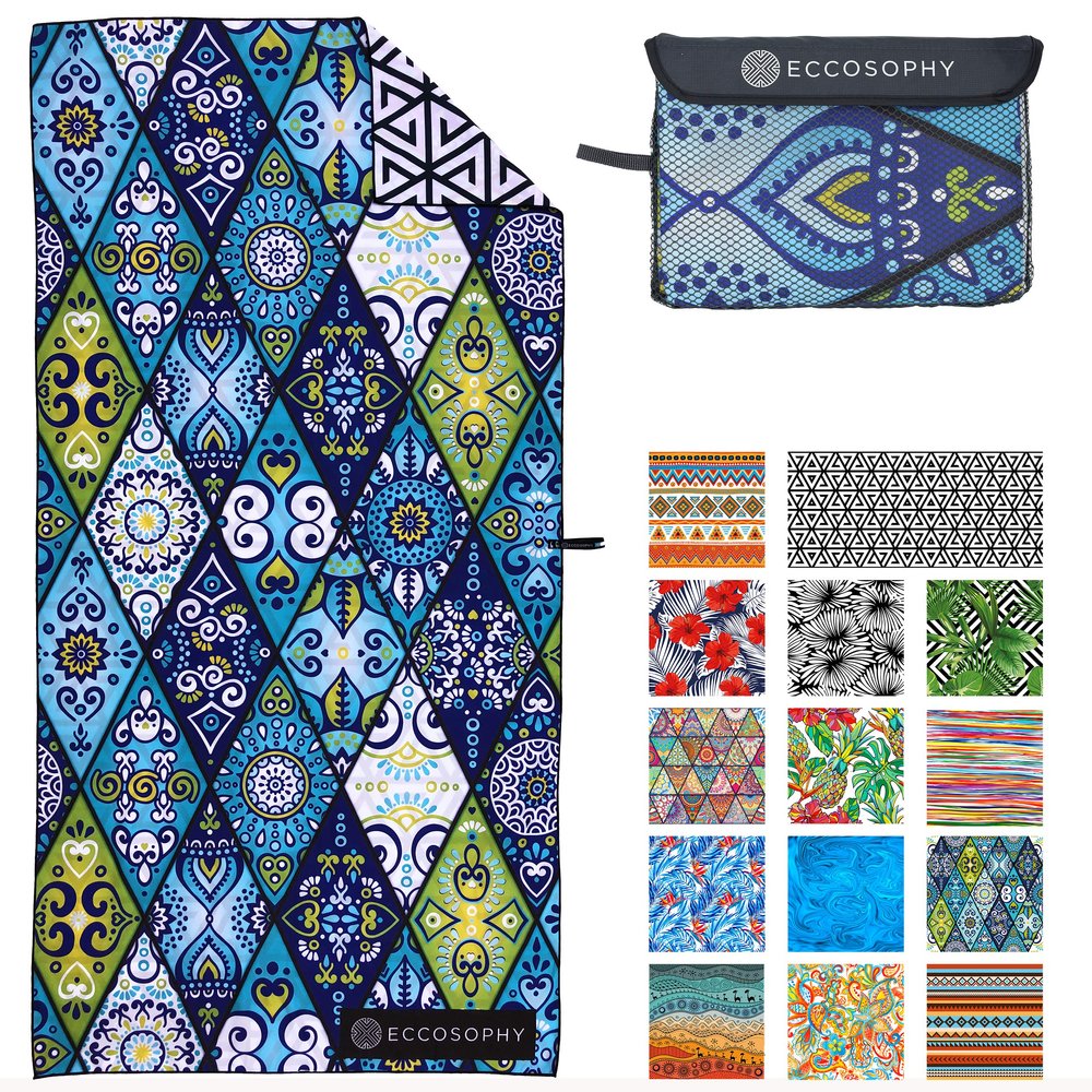ECCOSOPHY Microfiber Beach Towel -Sand Free Towels are Quick Dry, Light Weight, Super Absorbent-Perfect Pool, Travel, Cruise, Camping Essentials - Oversized Extra Large for Adults (Mykonos)