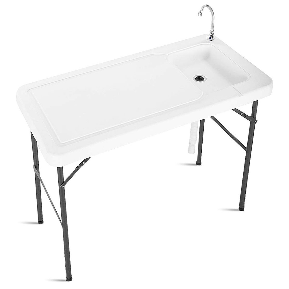 ReunionG Fish Cleaning Table, Folding Camping Cutting Table w/ Sink & Faucet, Portable Outdoor Fish Cleaning Station for Garden, Picnic and RV