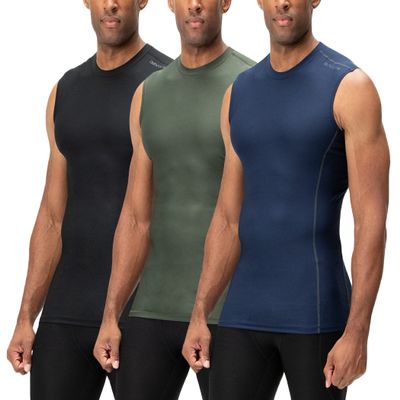 DEVOPS 3 Pack Men's Athletic Compression Shirts Sleeveless (Medium, Black/Navy/Olive)