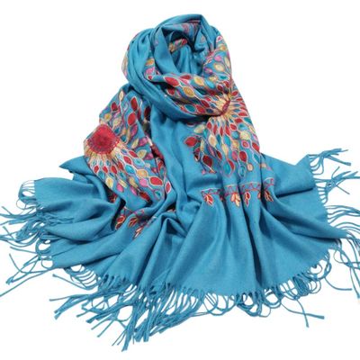 Urban CoCo Women's Embroidered Oversize Tassel Shawl Scarf Wraps for Women (Blue)
