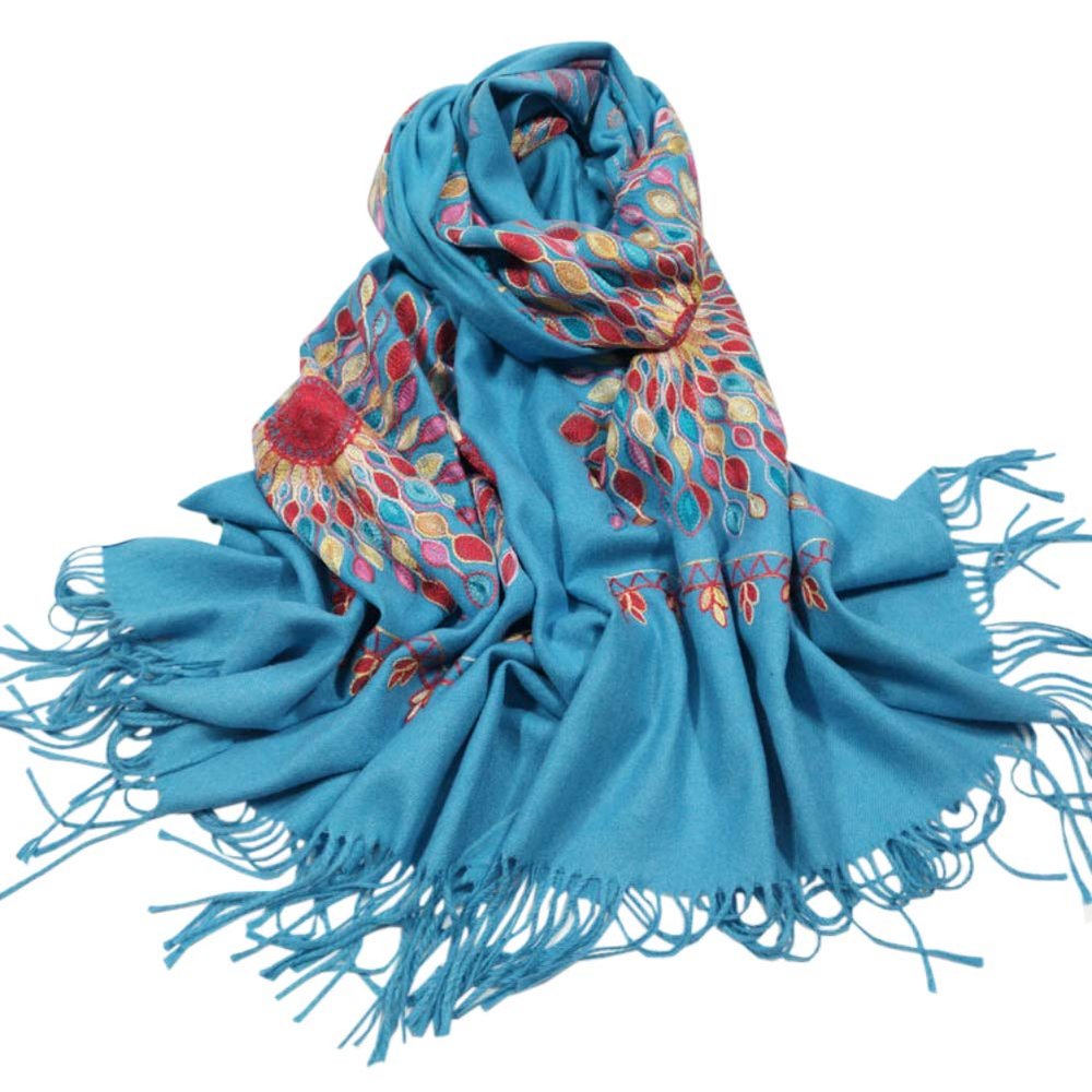 Urban CoCo Women's Embroidered Oversize Tassel Shawl Scarf Wraps for Women (Blue)