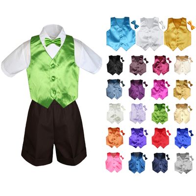 MILLTEX 4 Pieces Set Formal Party Wedding Color Satin Vest & Bow tie Shirt Brown Shorts Set New Born Baby Boy Toddler Sm-4T (4T, Ivory)