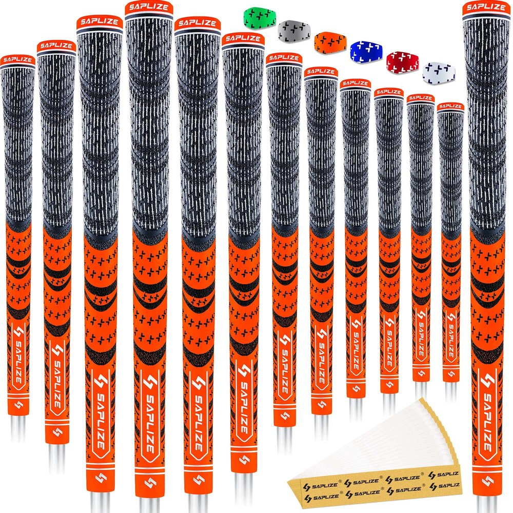 SAPLIZE Cross Cord Golf Grips Set of 13 Grips with Tape or Full Regripping Kit, Std/Mid/Jumbo, Low Taper Design, Multi-compound Hybrid, Anti-Slip Golf Club Grips, CL03 Series, Mid-Size, Orange