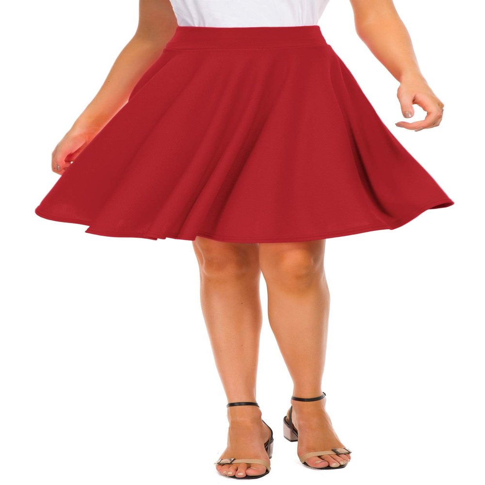 EXCHIC Women's Casual Stretchy Flared Midi Skater Skirts Basic A-Line Pleated Midi Skirt (XL, Red)