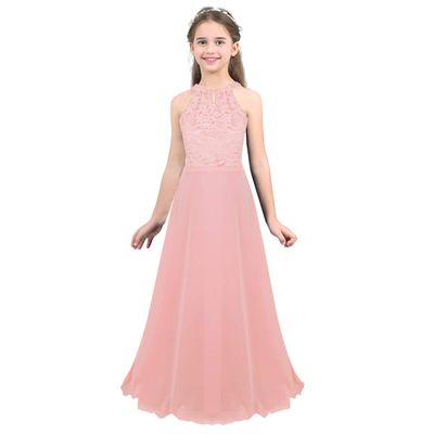 inlzdz Flower Girl Floral Lace Halter Cutout Back Chiffon Dress Kids Bridesmaid Formal Party Evening Gown Pink 14