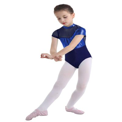 Agoky Girls' Team Basic Leotard Shiny Mesh Splice Cutout Back Gymnastic Ballet Dance Leotard Tops Dancewear Costumes Blue 10