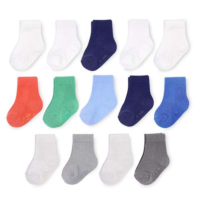 Fruit of the Loom Baby 14-Pack Grow & Fit Flex Zones Cotton Stretch Socks - Unisex, Girls, Boys (6-12 Months, Blue)