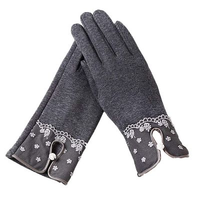 Fashion Elegant Womens Touch Screen Gloves Winter Ladies Lace Warm Cashmere Bow Full Finger Mittens Wrist Guantes Gift F Gray