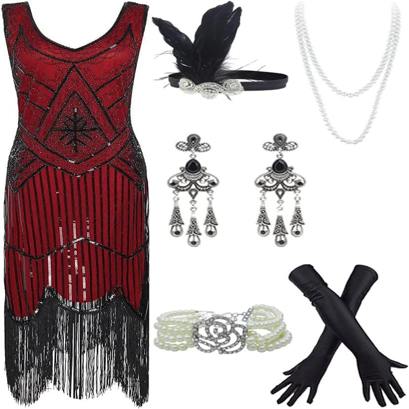 20s Flapper Gatsby Sequin Beaded Evening Cocktail Dress with Accessories Set (Medium, Wine)