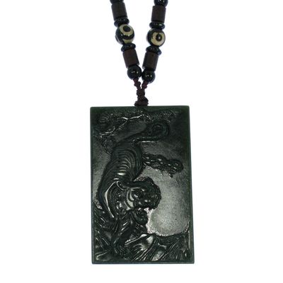 2.4" China Certified Nature Hetian Nephrite Jade Auspicious Tiger Plate Necklace Pendant 3428