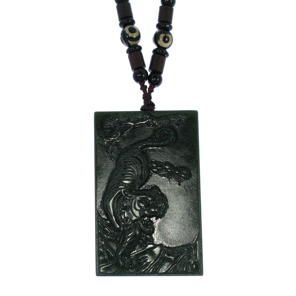 2.4" China Certified Nature Hetian Nephrite Jade Auspicious Tiger Plate Necklace Pendant 3428