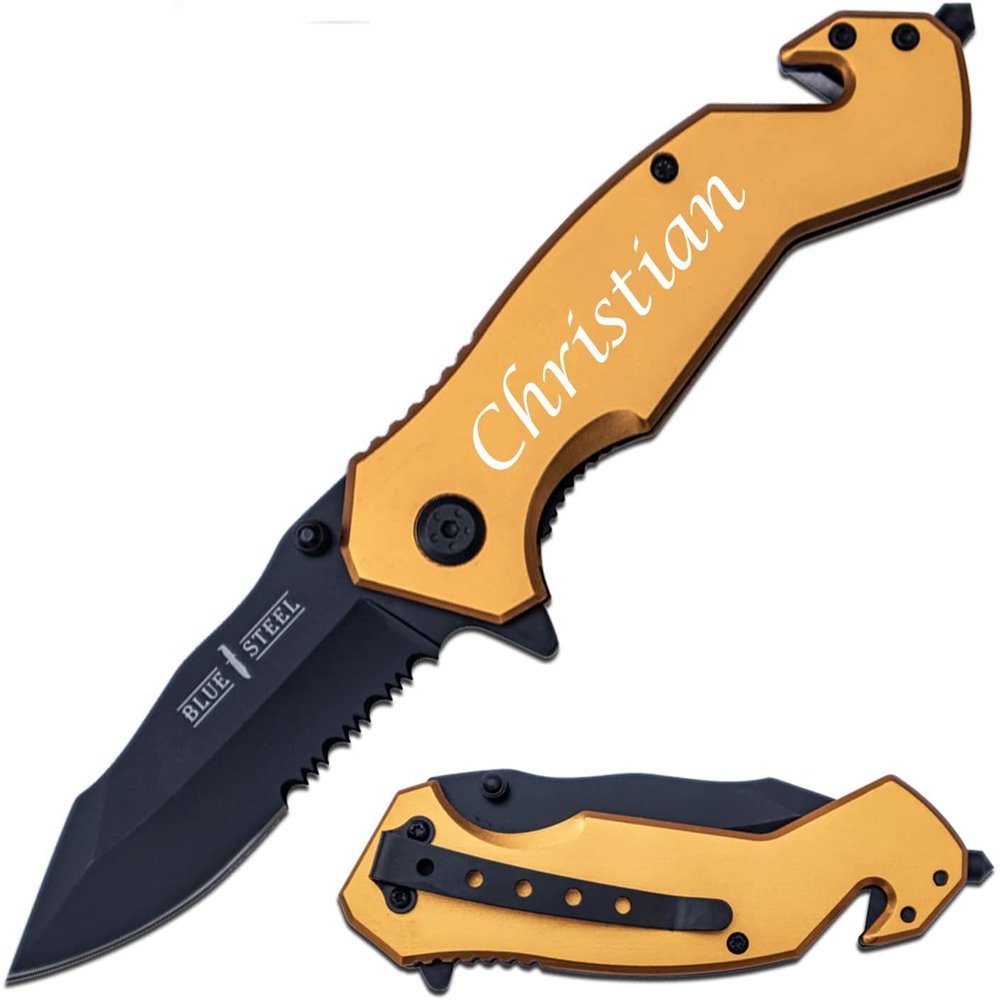 Personalized Laser Engraved Pocket Knife, Fathers Day, Groomsmen Gift, Graduation Gifts, Gifts for Men Free Engraving. (MT-A1136BL)