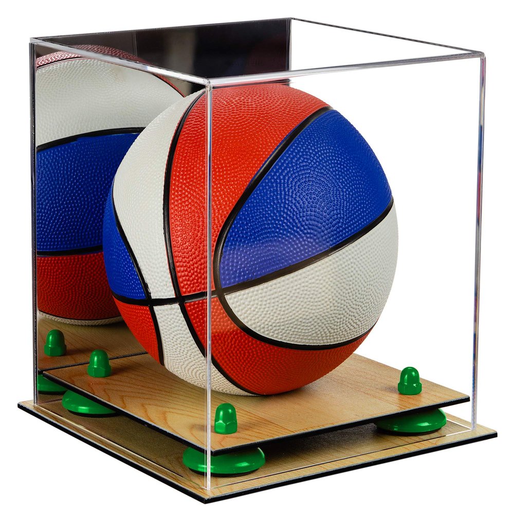 Better Display Cases Acrylic Mini - Miniature (not Full Size) Basketball Display Case with Mirror, Green Risers and Wood Base (A015-GRR)