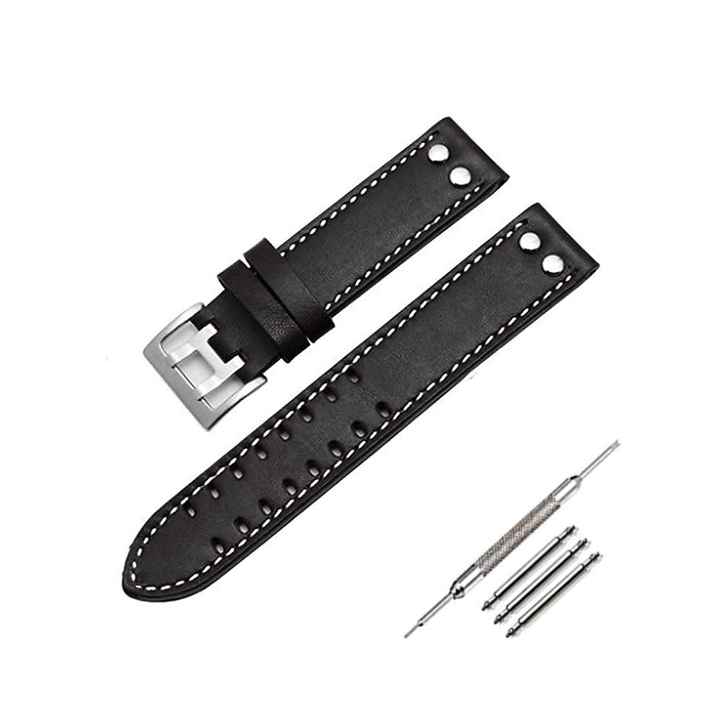 (20 mm, Smooth Black(Silver Buckle)) Leather Watch Band Strap Fits for Hamilton Khaki Field Aviation H70595593