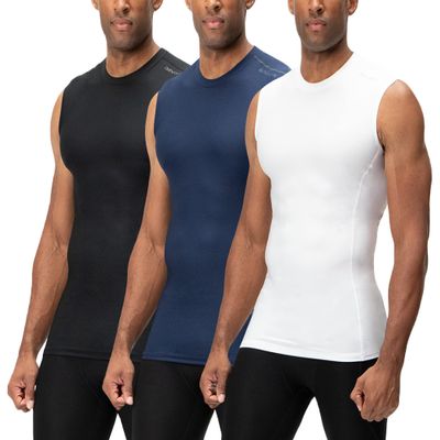 DEVOPS 3 Pack Men's Athletic Compression Shirts Sleeveless (2X-Large, Black/Navy/White)