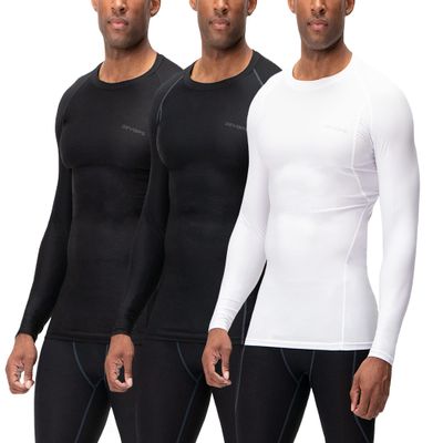 DEVOPS 3 Pack Men's UPF 50+ Long Sleeve Compression Shirts Quick Dry, Cool Gear for Garage Garden Gym Yard and Workouts (2X-Large, Black/Black/White)