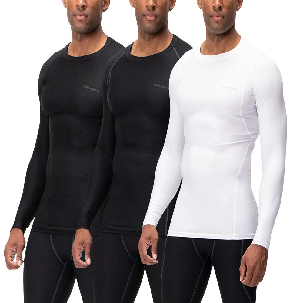 DEVOPS 3 Pack Men's UPF 50+ Long Sleeve Compression Shirts Quick Dry, Cool Gear for Garage Garden Gym Yard and Workouts (2X-Large, Black/Black/White)