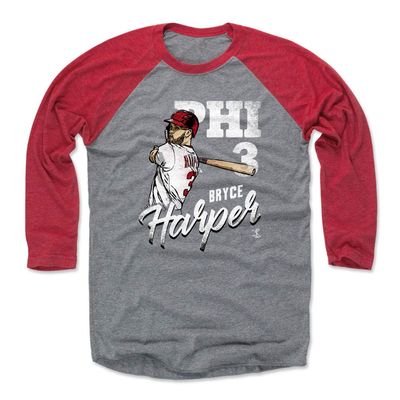 500 LEVEL Bryce Harper 3/4 Sleeve T-Shirt (Baseball Tee, XXX-Large, Red/Heather Gray) - Bryce Harper Team W WHT