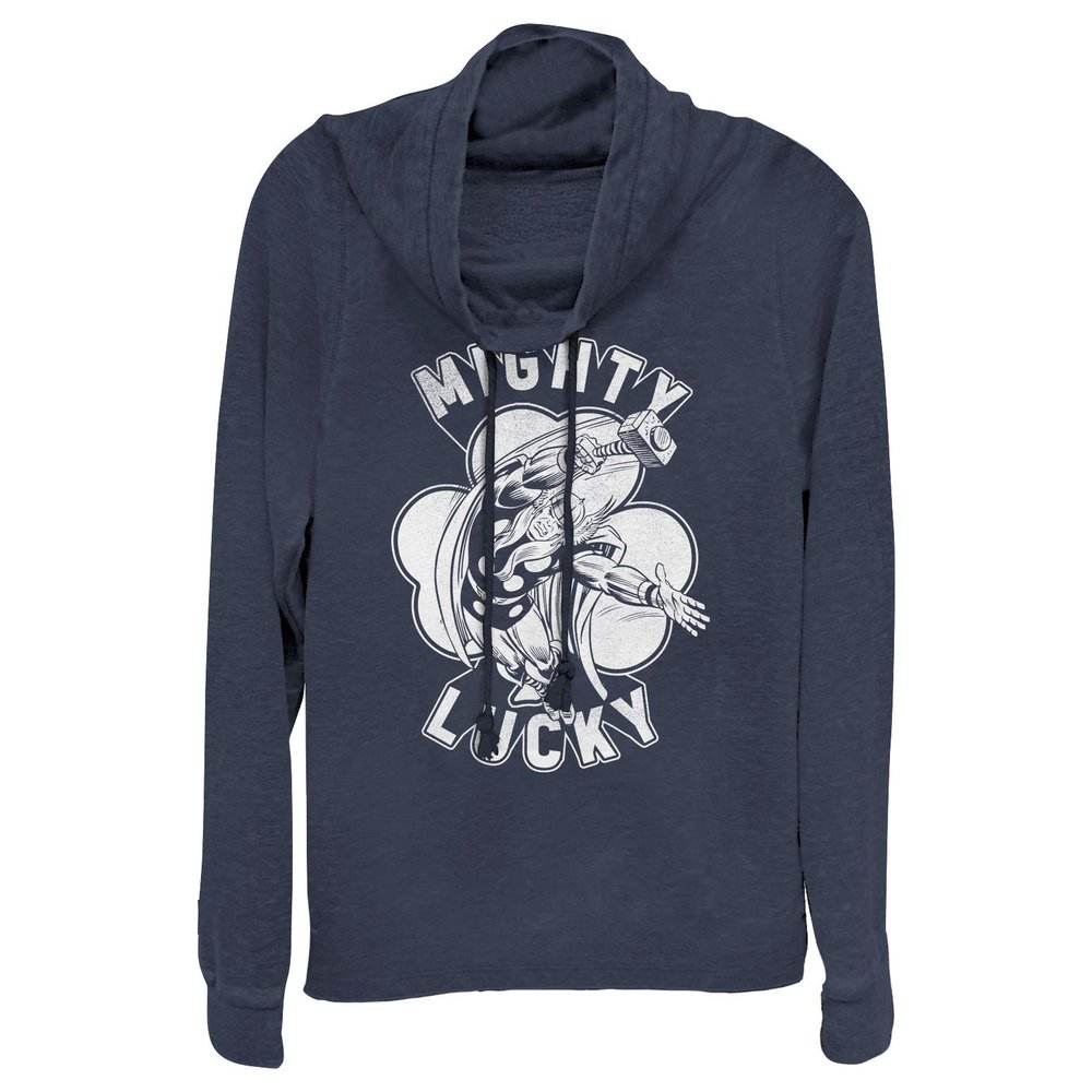 Marvel Classic Lucky Thor Women's Cowl Neck Long Sleeve Knit Top Navy Blue