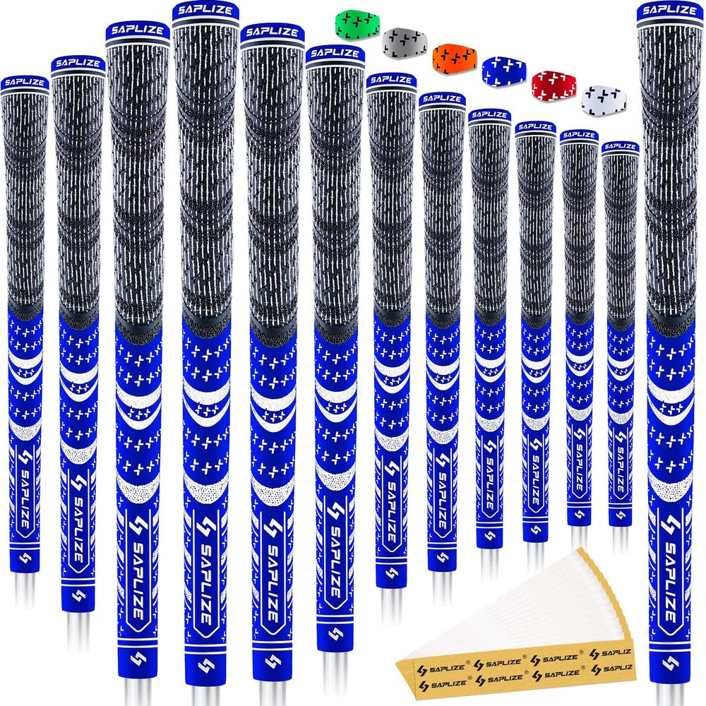 SAPLIZE Cross Cord Golf Grips Set of 13 Grips with Tape or Full Regripping Kit, Std/Mid/Jumbo, Low Taper Design, Multi-compound Hybrid, Anti-Slip Golf Club Grips, CL03 Series, Mid-Size, Blue