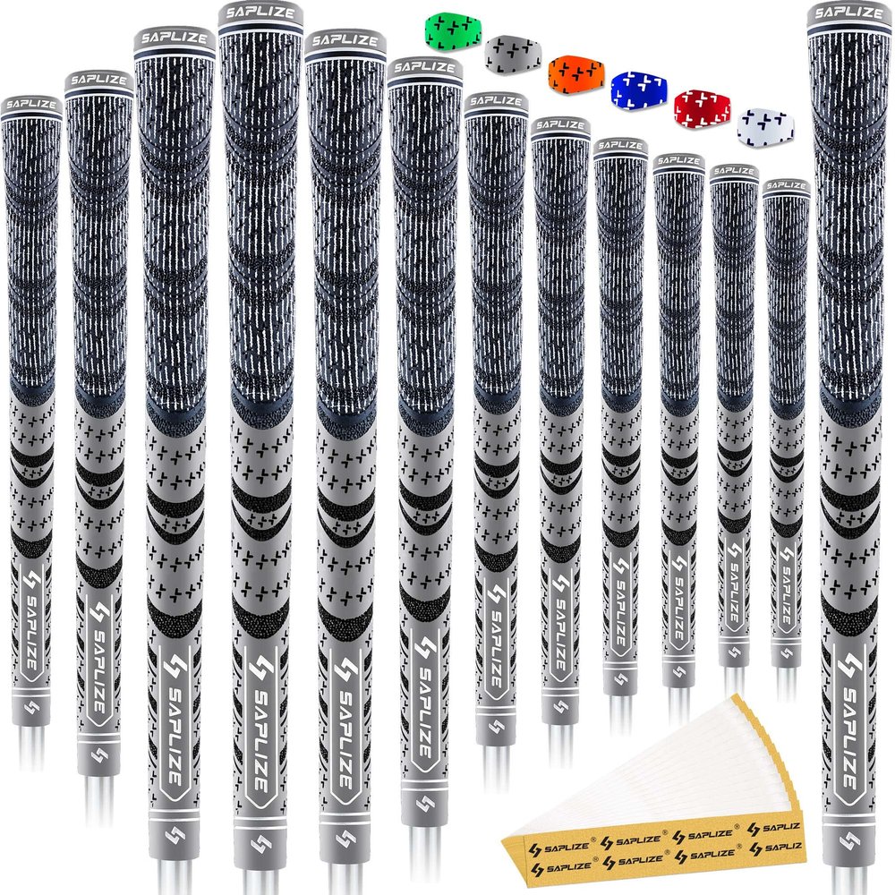 SAPLIZE Cross Cord Golf Grips Set of 13 Grips with Tape or Full Regripping Kit, Std/Mid/Jumbo, Low Taper Design, Multi-compound Hybrid, Anti-Slip Golf Club Grips, CL03 Series, Mid-Size, Grey