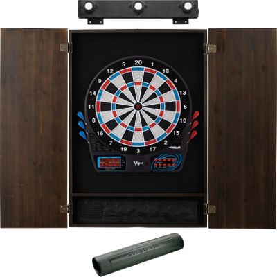 Viper by GLD Products 777 Electronic Dartboard, Metropolitan Espresso Cabinet, Dart Mat & Shadow Buster Dartboard Light Bundle