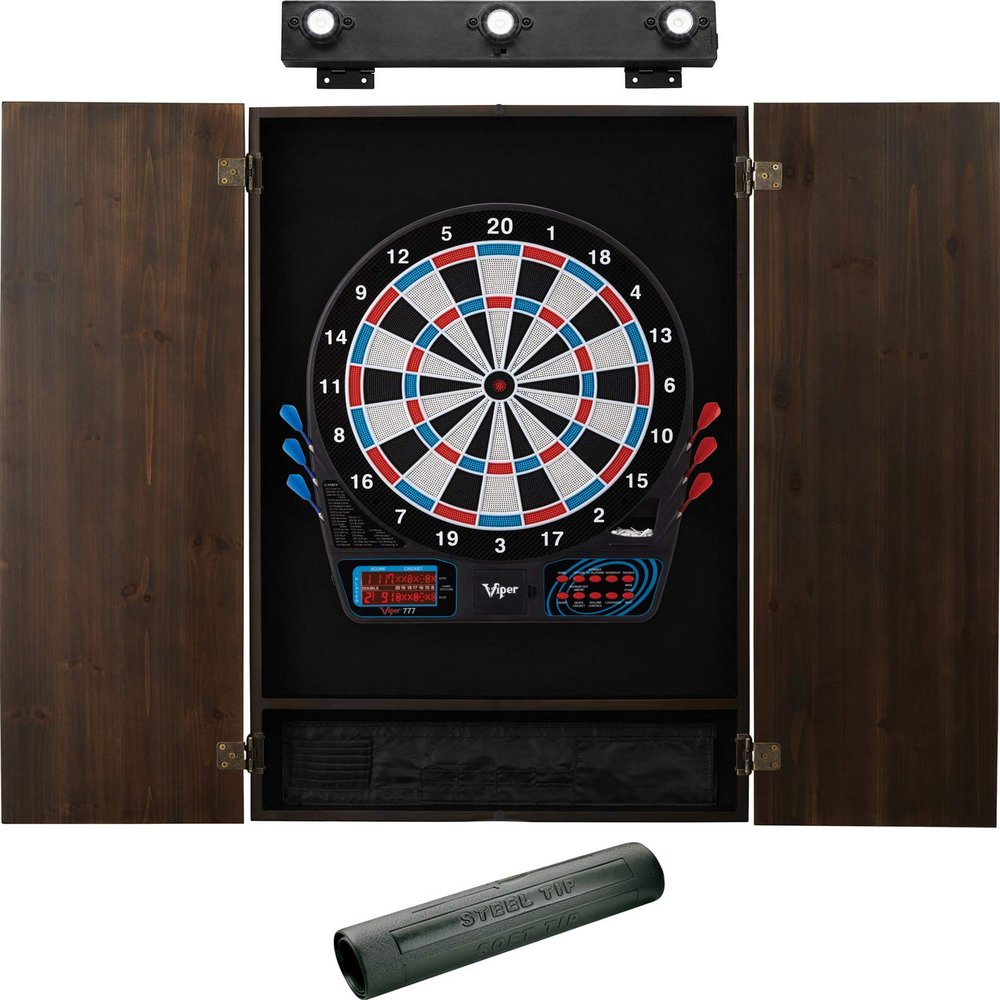 Viper by GLD Products 777 Electronic Dartboard, Metropolitan Espresso Cabinet, Dart Mat & Shadow Buster Dartboard Light Bundle