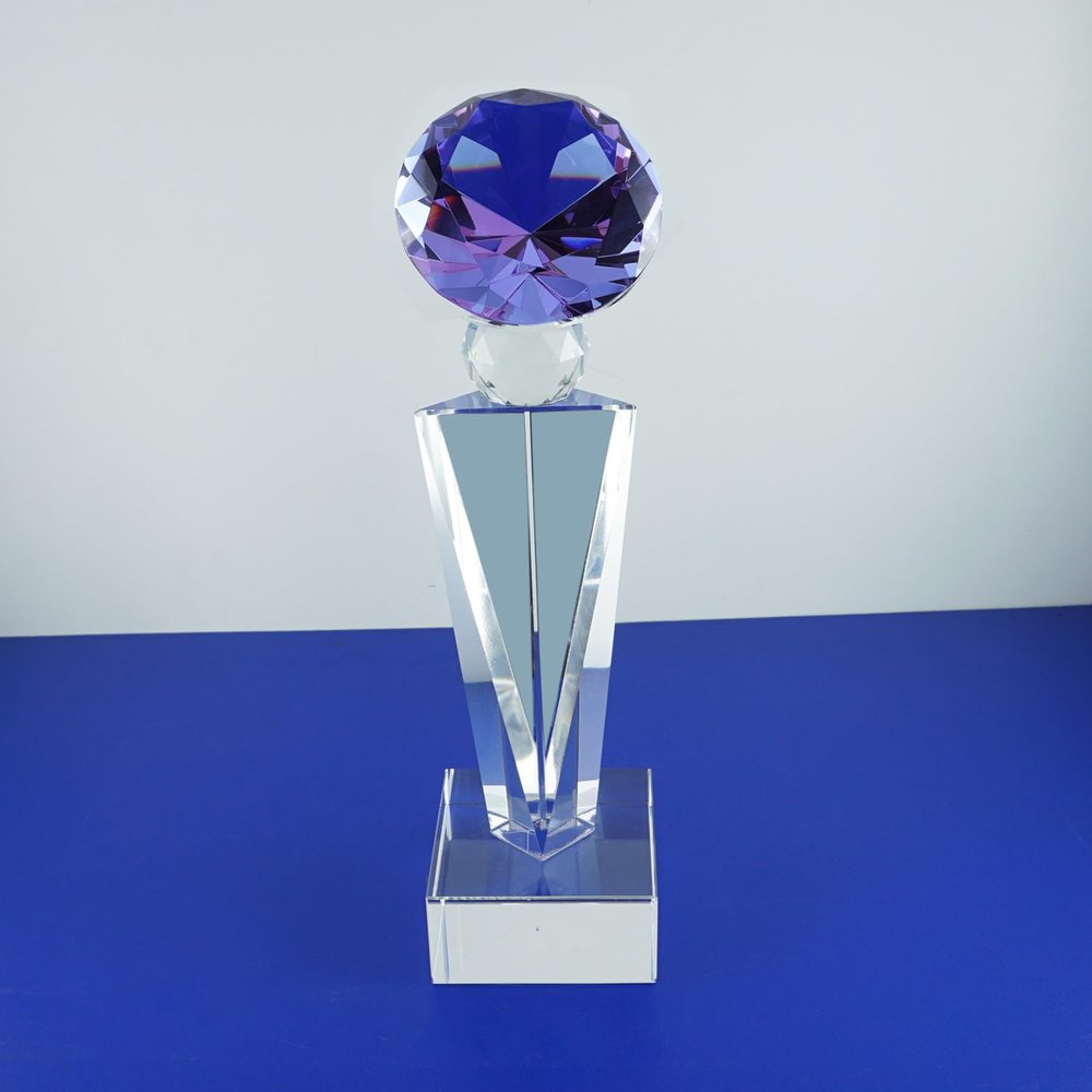 The Elegante Optical Crystal Glass Diamond Trophy Awards Recognition Achievement Reality Personalized Custom Laser Etched Engraving Trophy (Purple Diamond, 7" H)