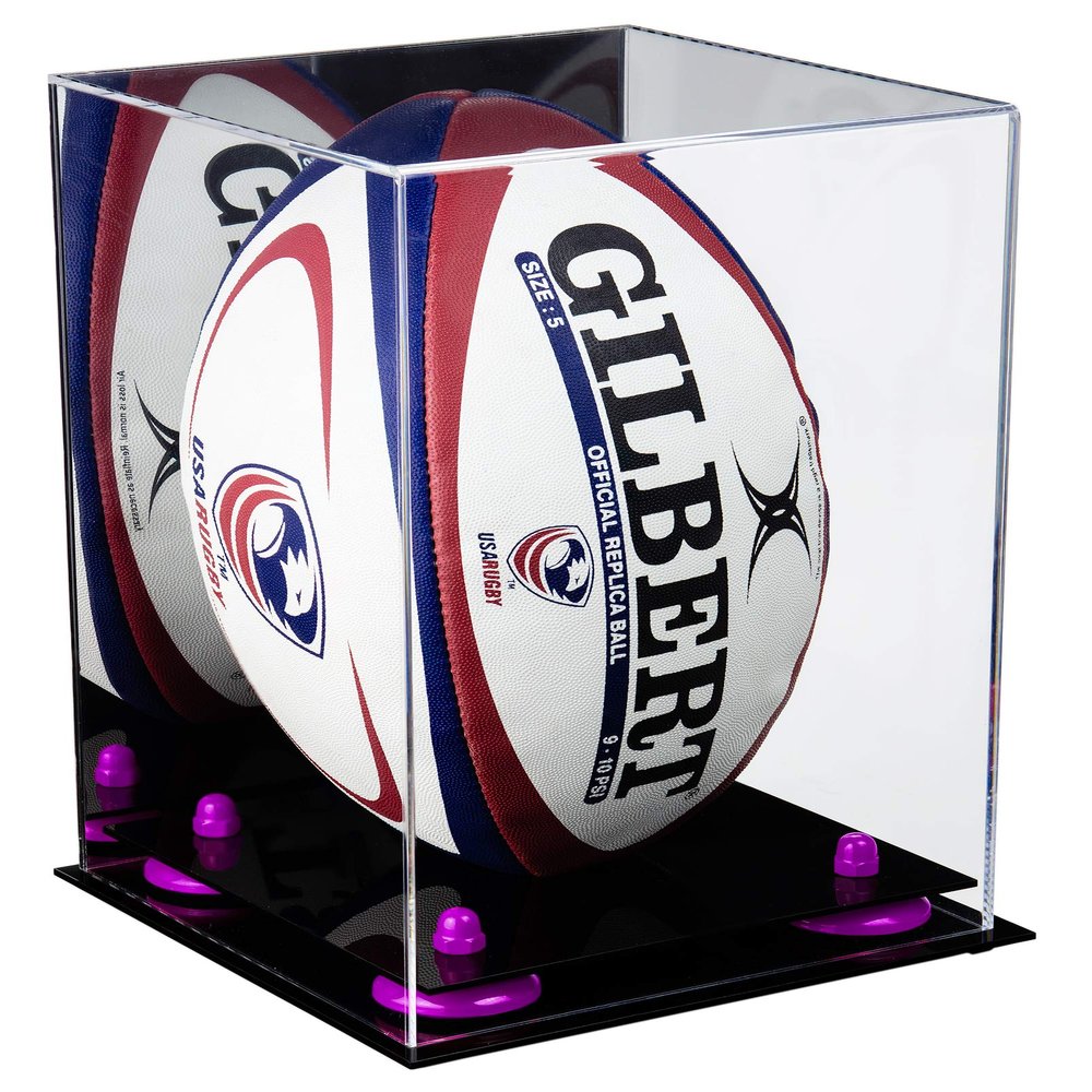 Better Display Cases Acrylic Rugby Ball Display Case Vertical with Mirror and Purple Risers (A060-PR)