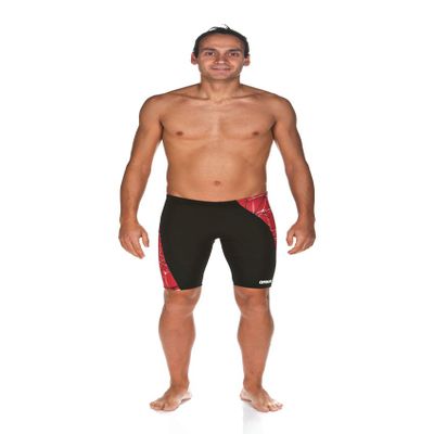 ARENA Men's Previous Season Team Color Print Jammer Athletic Training Swimsuit, MaxLife Chlorine Resistant Fabric, Water Red, 22
