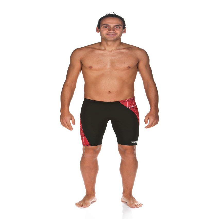 ARENA Men's Previous Season Team Color Print Jammer Athletic Training Swimsuit, MaxLife Chlorine Resistant Fabric, Water Red, 22