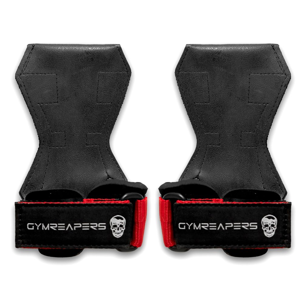 Gymreapers Weight Lifting Grips (Pair) for Heavy Powerlifting, Deadlifts, Rows, Pull Ups, with Neoprene Padded Wrist Wraps Support and Strong Rubber Gloves or Straps for Bodybuilding (Red, Medium)
