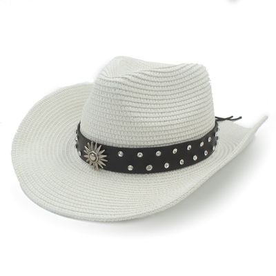 SSLA Women Men Straw Western Cowboy Hat for Gentleman Sombrero Caps WITT Fashion Belt (Color : White, Size : 56-58cm)