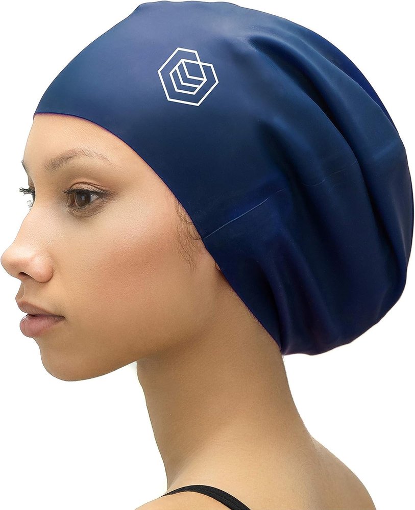 SOUL CAP - Large Swimming Cap for Long Hair - Designed for Long Hair, Dreadlocks, Weaves, Hair Extensions, Braids, Curls & Afros - Women & Men - Silicone (Navy, Large)